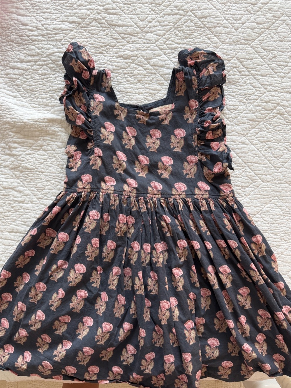 Pink Chicken Navy Dress with Pink Floral Print and Ruffle Sleeves